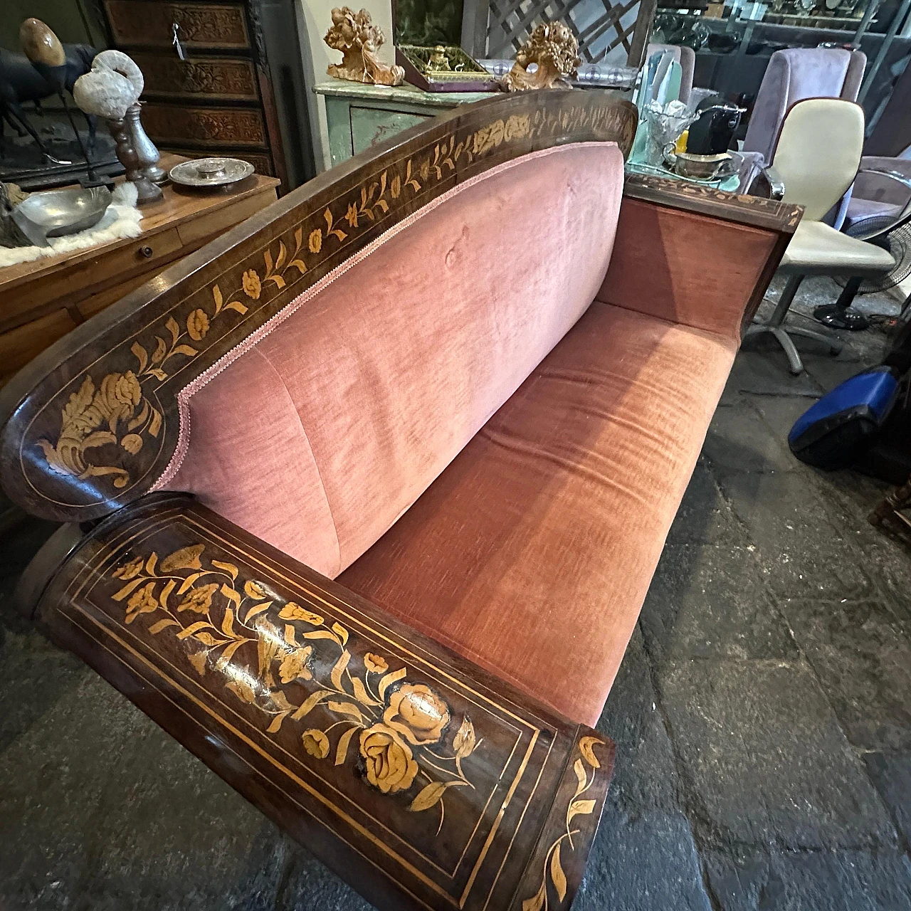 Sicilian wood and pink velvet sofa by Charles X, 19th century 9