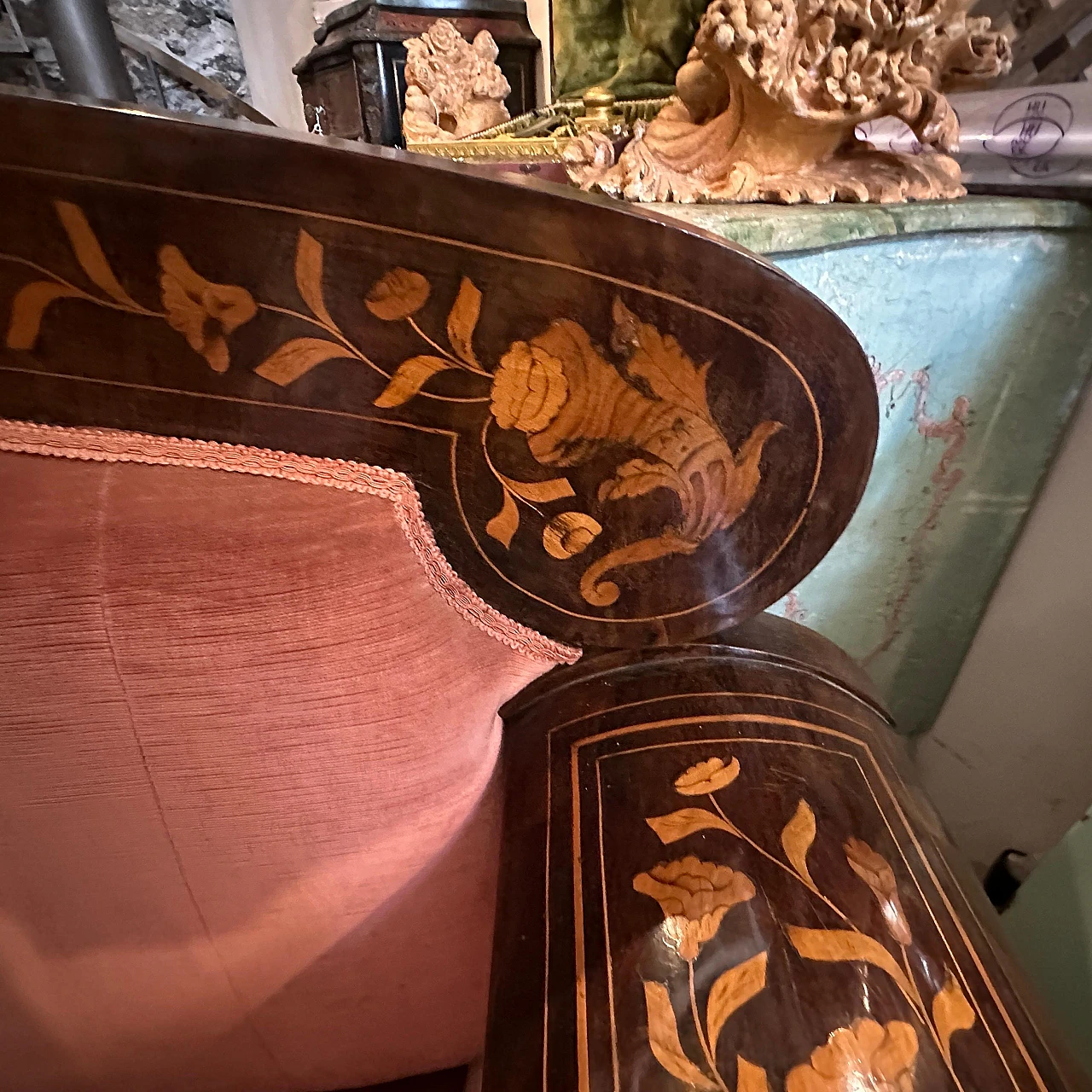 Sicilian wood and pink velvet sofa by Charles X, 19th century 11