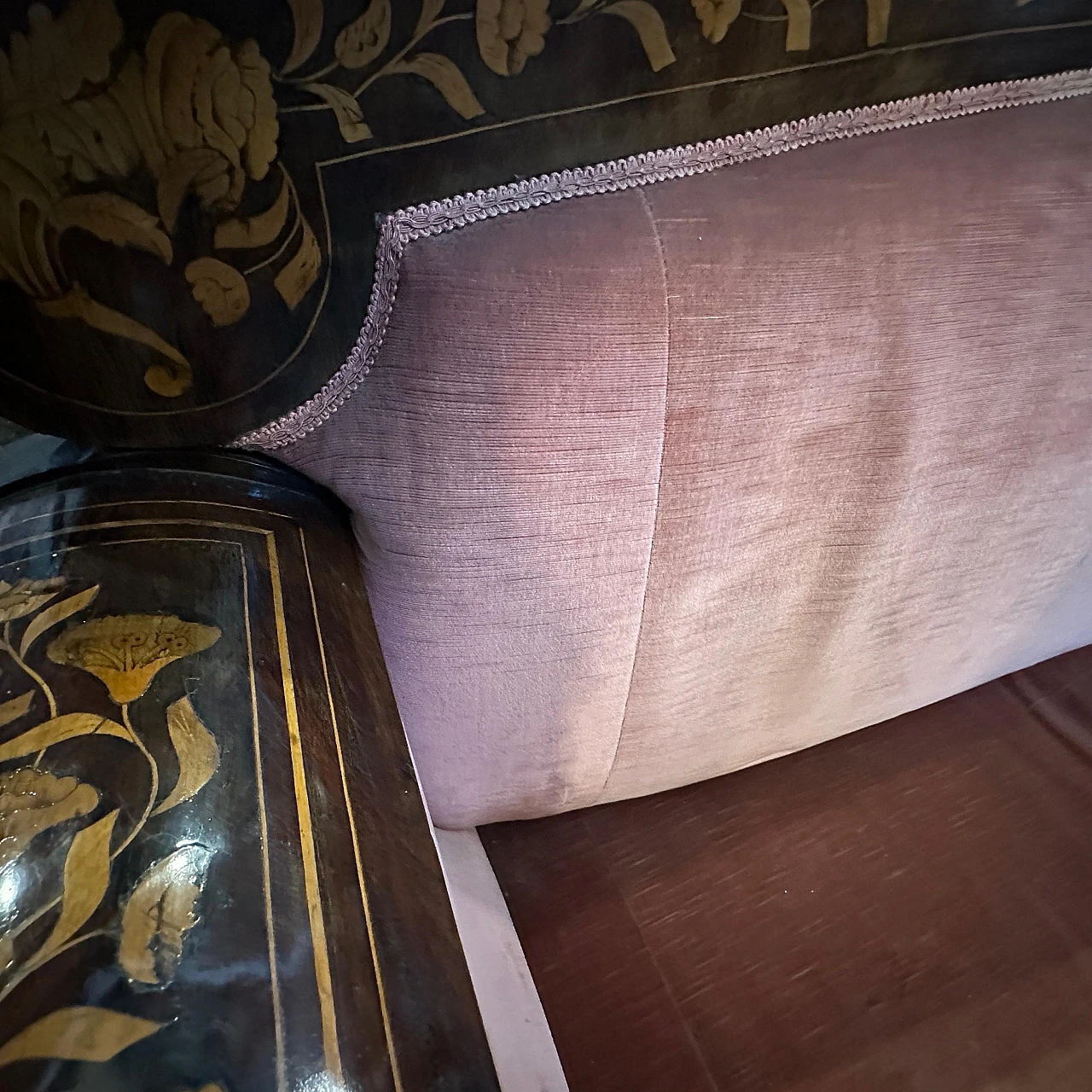 Sicilian wood and pink velvet sofa by Charles X, 19th century 14