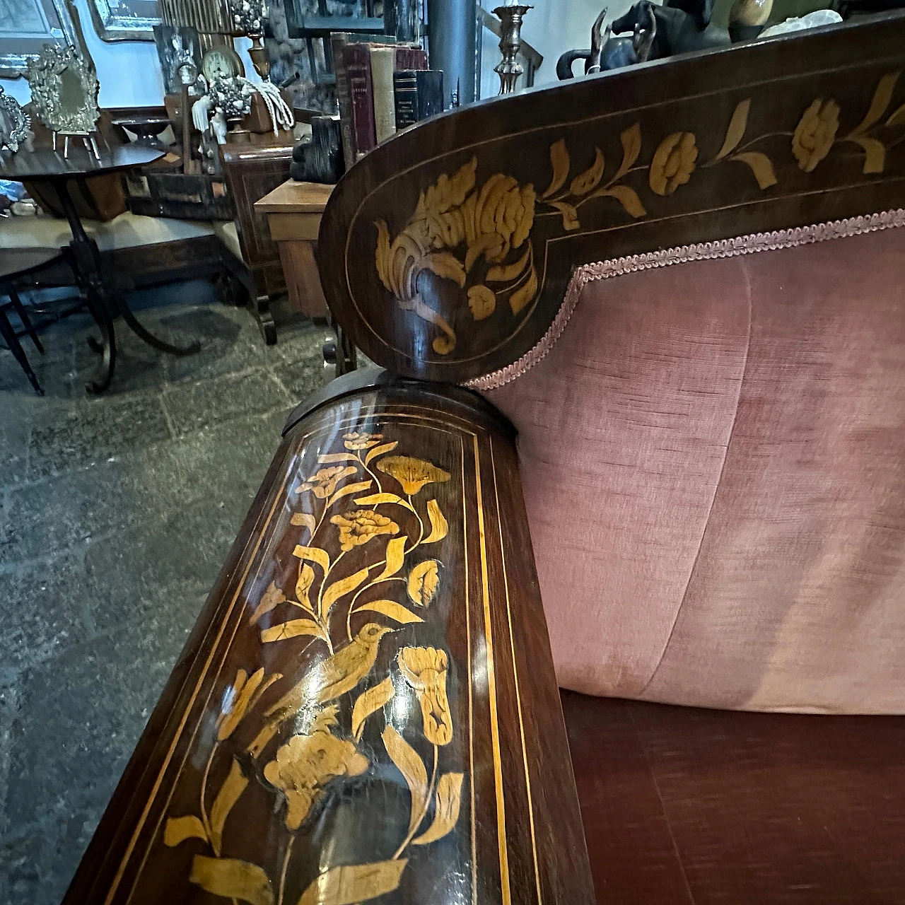 Sicilian wood and pink velvet sofa by Charles X, 19th century 15