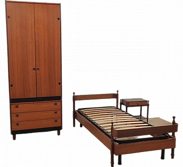 Teak bed with bedside table and wardrobe by F.lli Proserpio, 1960s