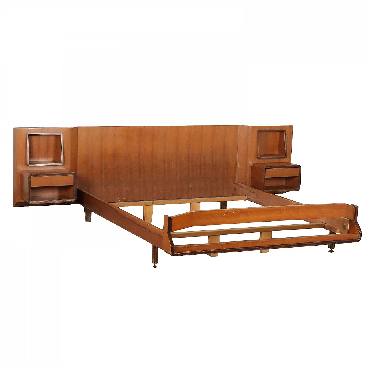 Mahogany veneered double bed with hanging nightstands, 1960s 1