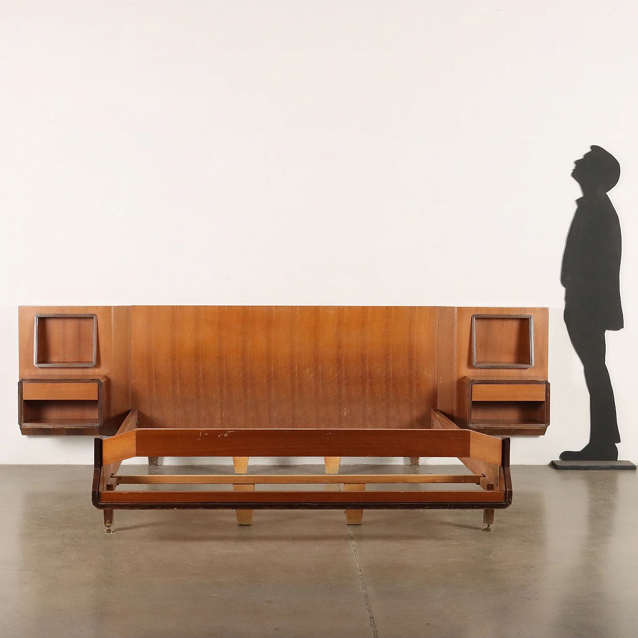 Mahogany veneered double bed with hanging nightstands, 1960s 2