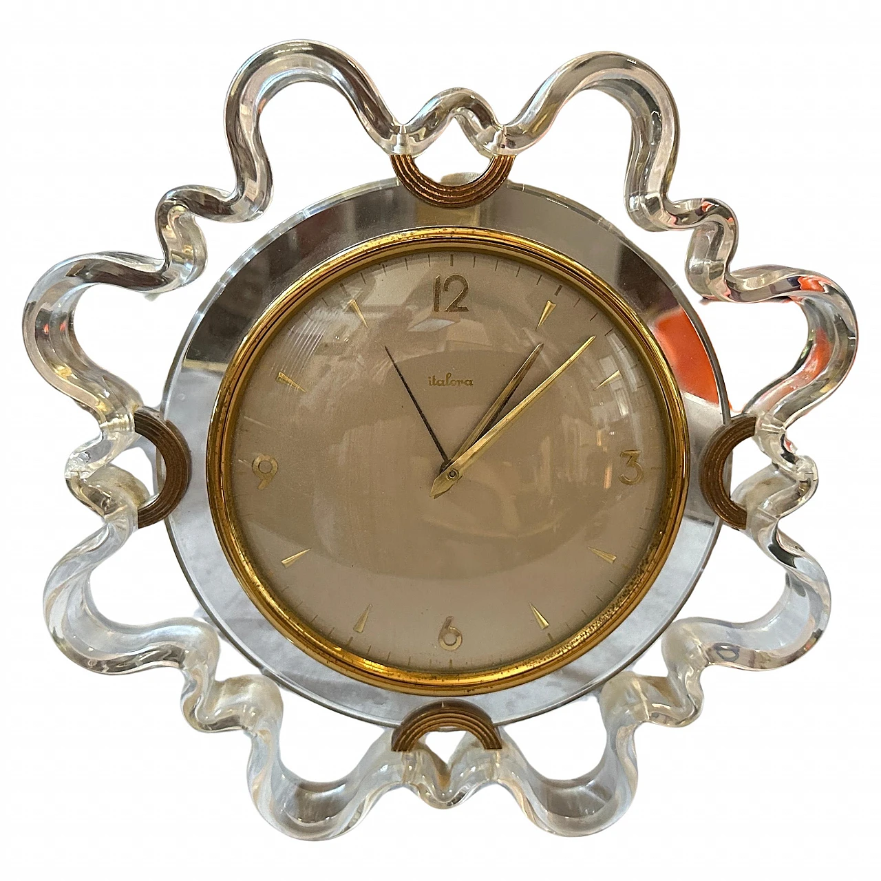 Brass and transparent lucite table alarm clock by Italora, 1950s 1