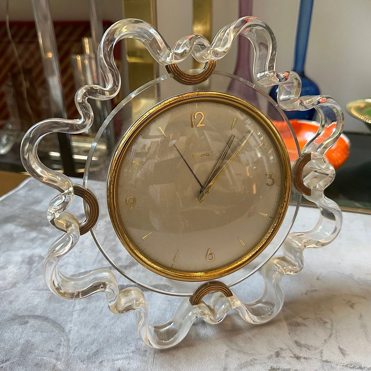 Brass and transparent lucite table alarm clock by Italora, 1950s 2