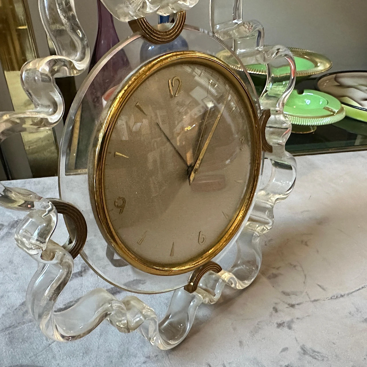 Brass and transparent lucite table alarm clock by Italora, 1950s 10