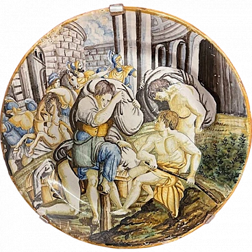 Piatto in maiolica con scena popolare, '700