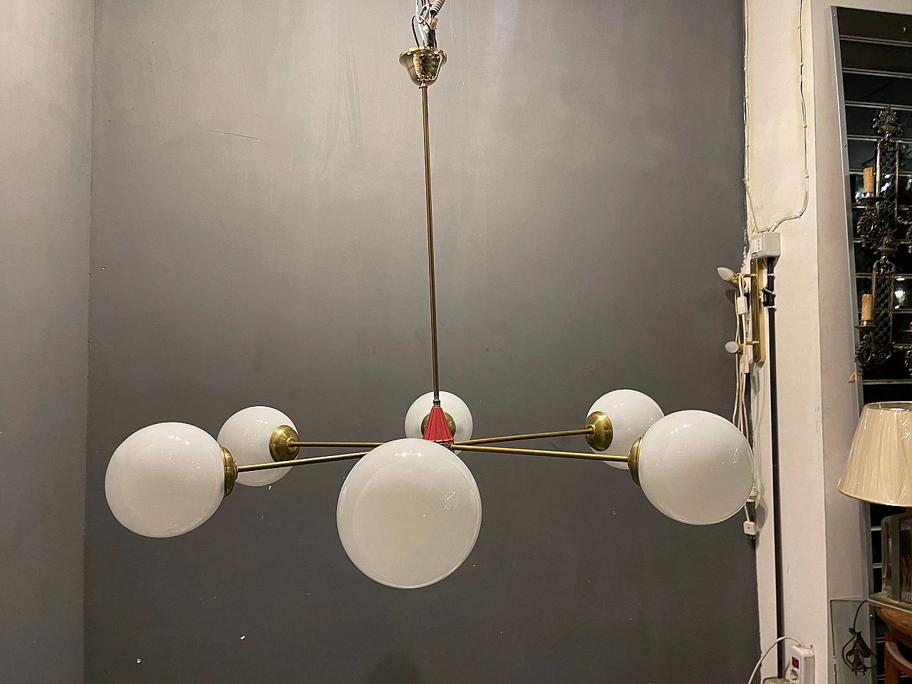 Sputnik brass and opaline glass chandelier, 1970s 2