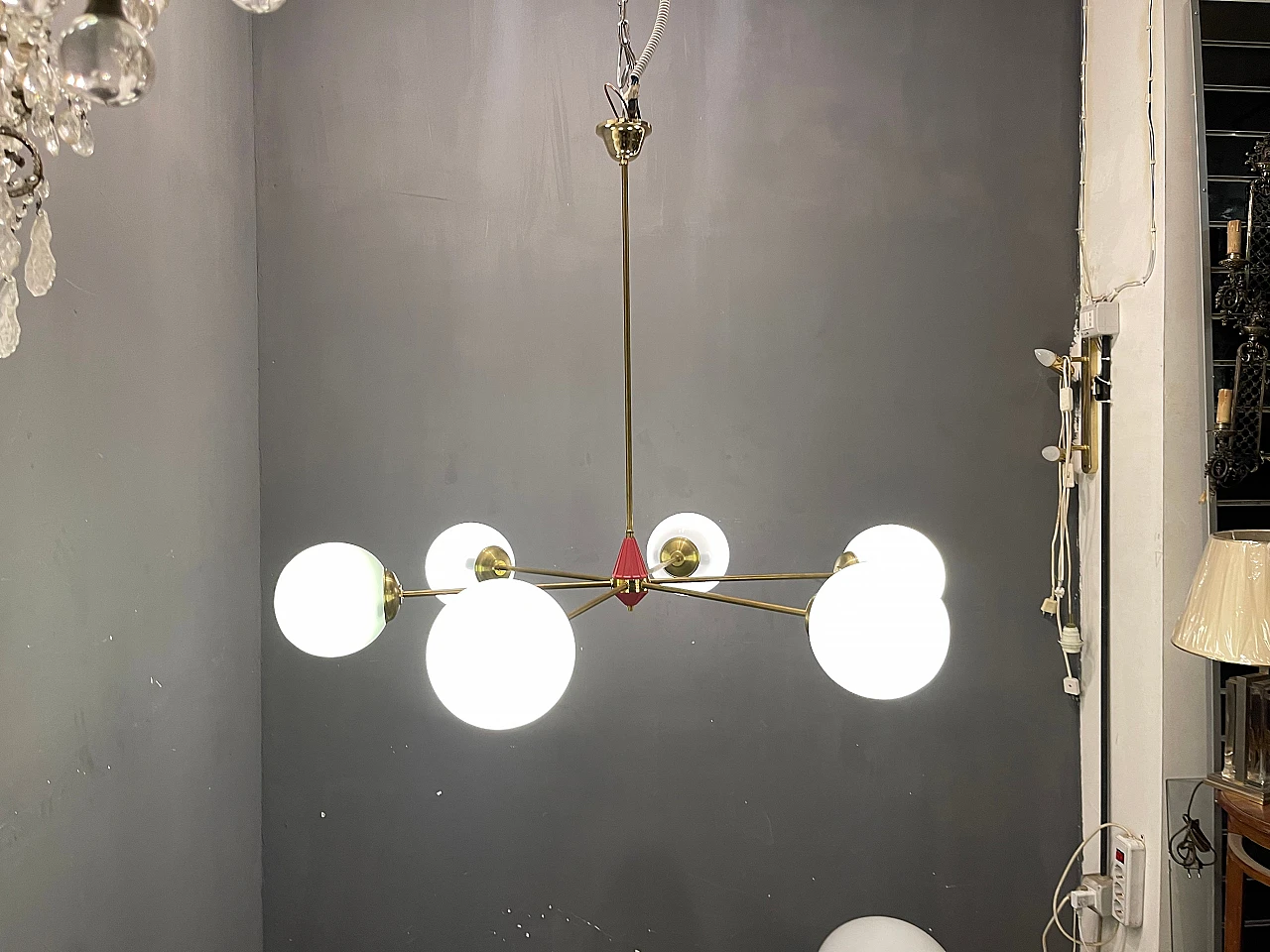 Sputnik brass and opaline glass chandelier, 1970s 3