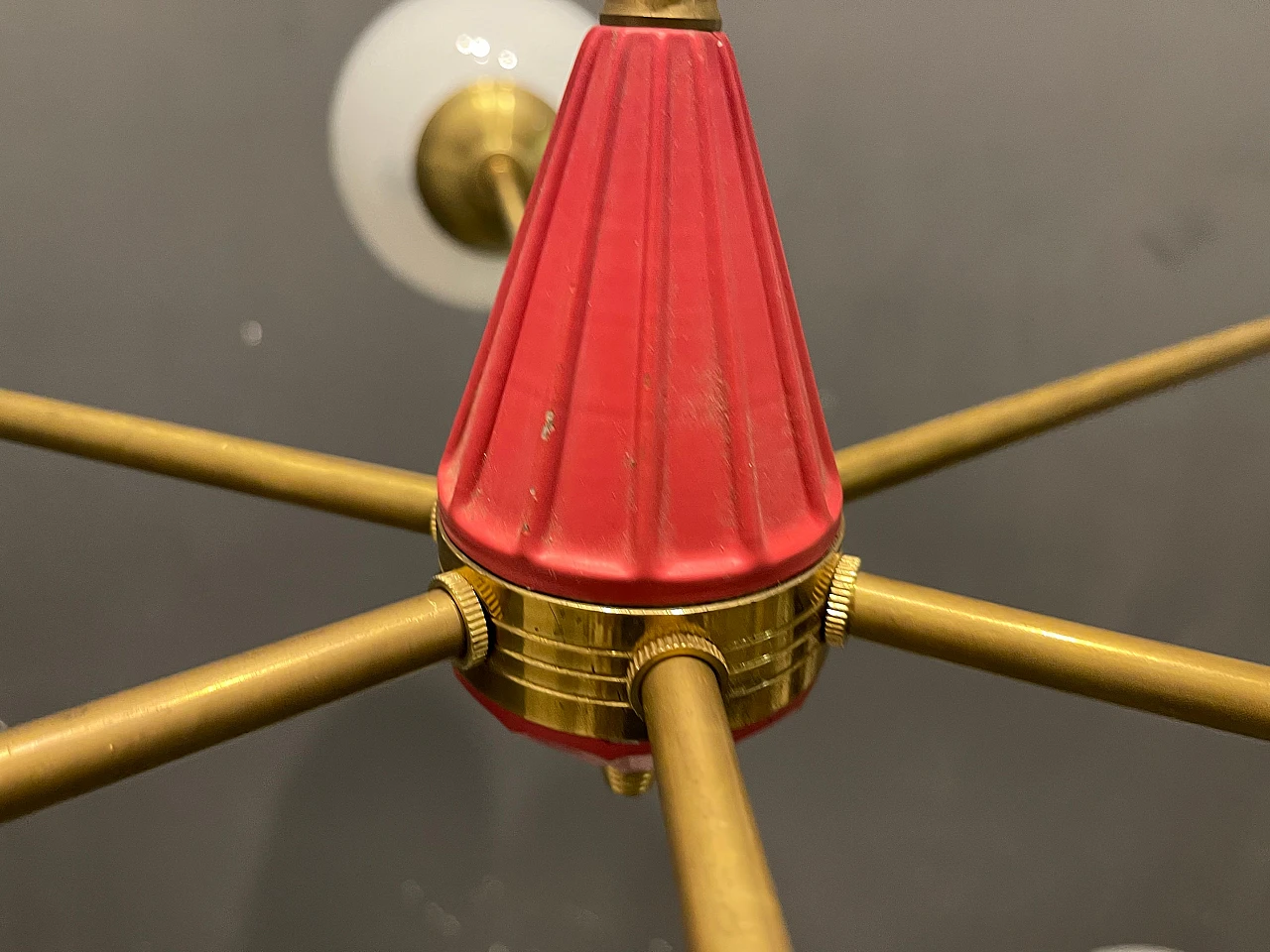 Sputnik brass and opaline glass chandelier, 1970s 4