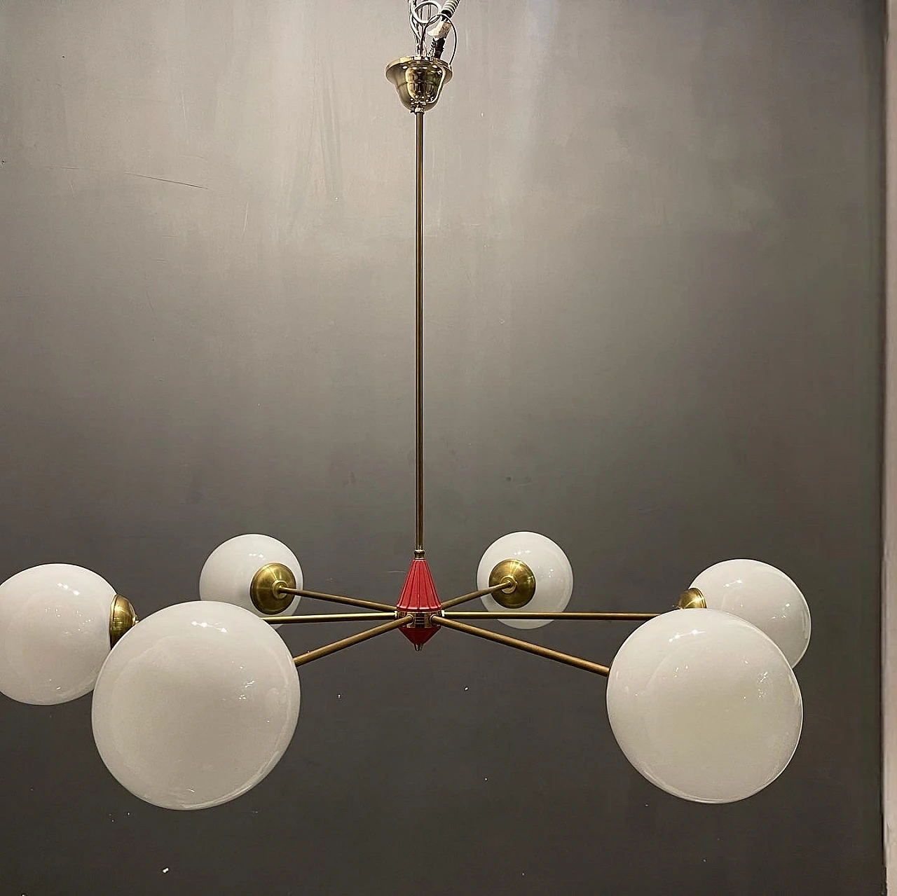 Sputnik brass and opaline glass chandelier, 1970s 5