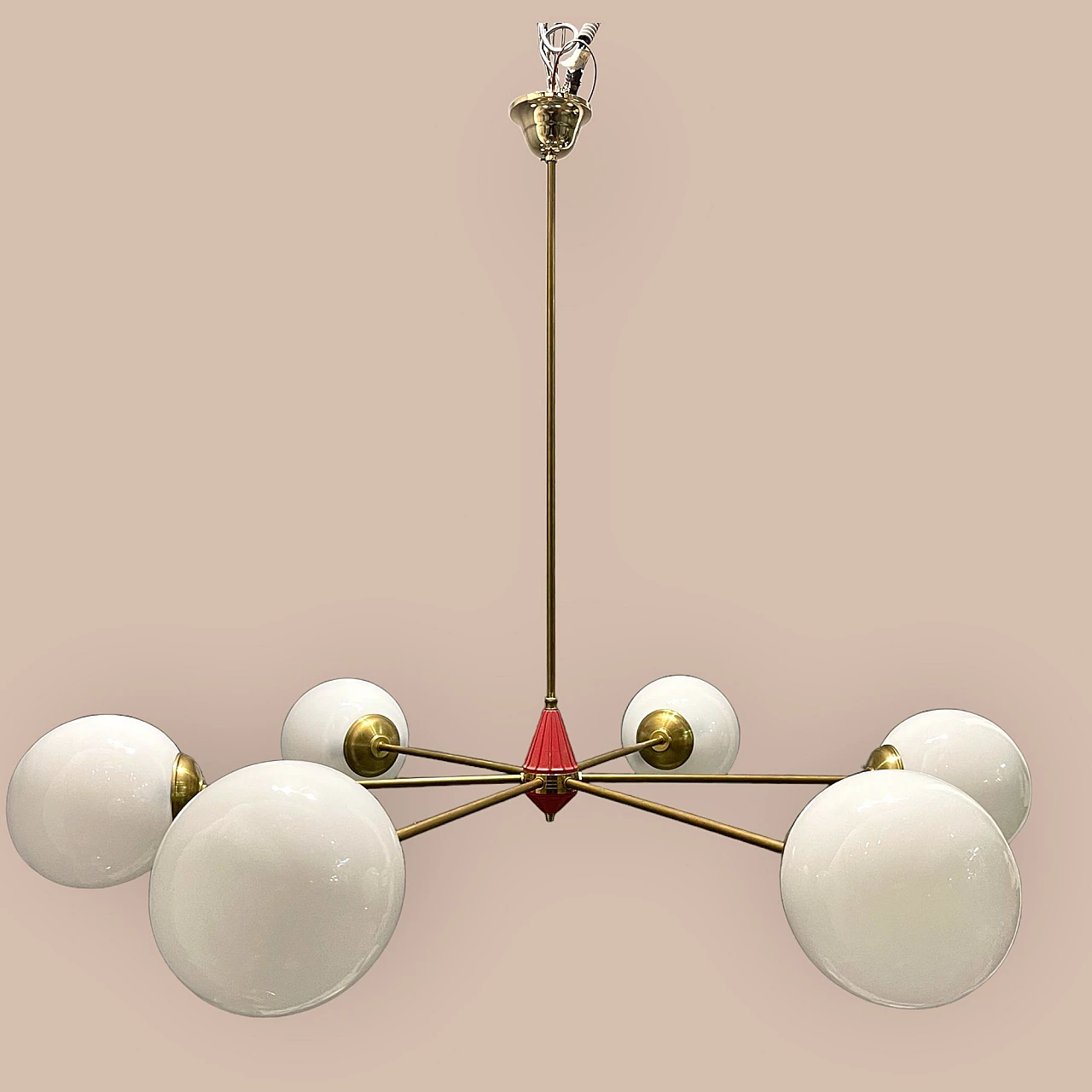 Sputnik brass and opaline glass chandelier, 1970s 6