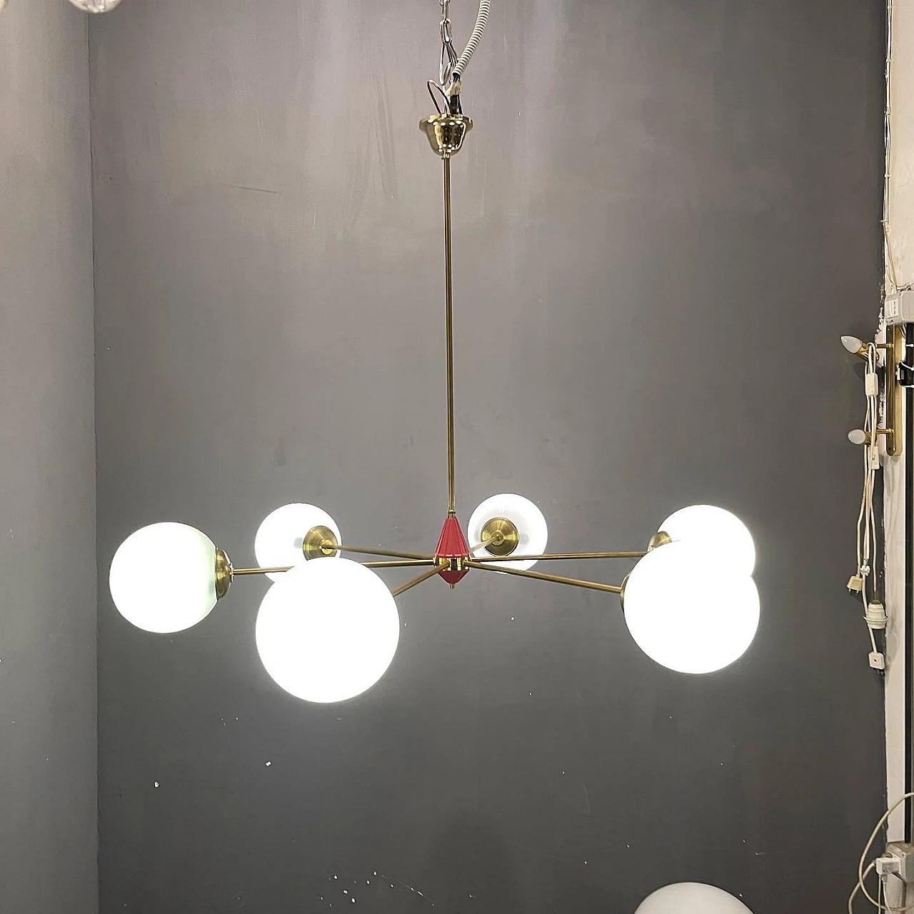 Sputnik brass and opaline glass chandelier, 1970s 7