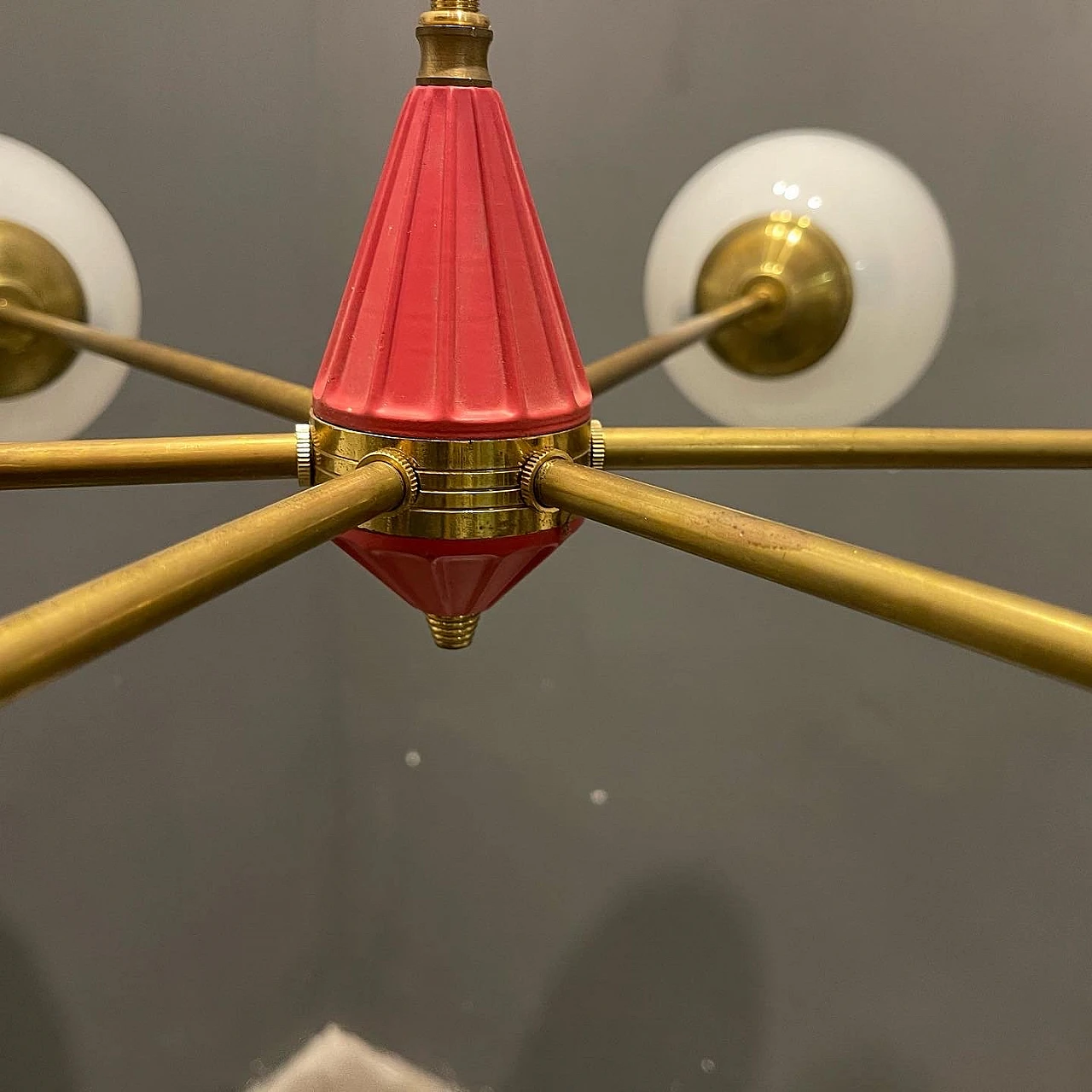 Sputnik brass and opaline glass chandelier, 1970s 8