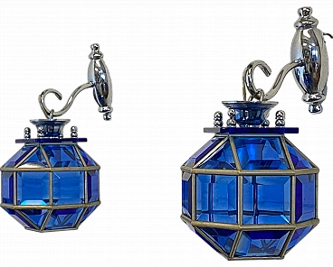 Pair of blue glass wall lamps, 1970s