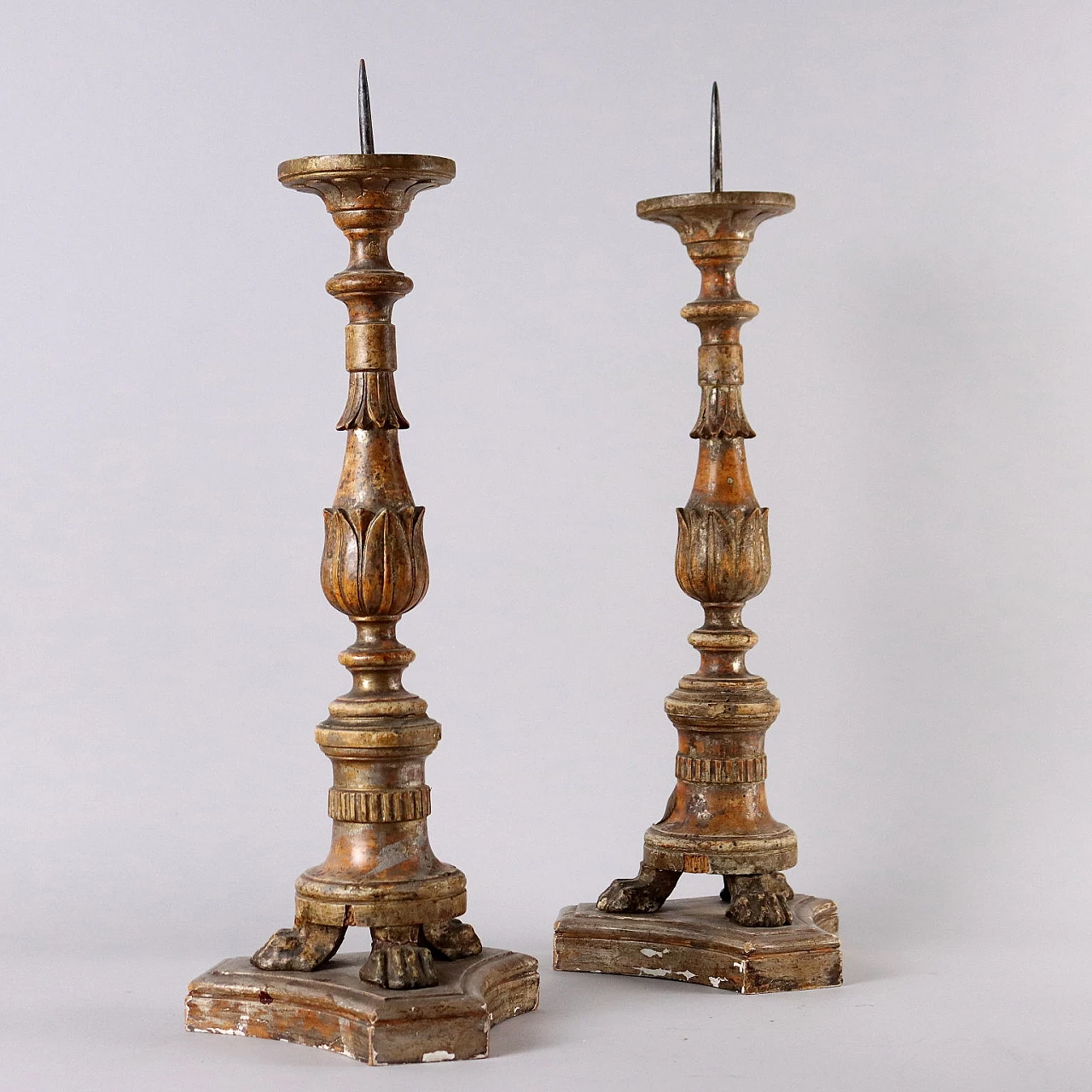 Pair of Empire carved wooden table candlesticks, early 19th century 1