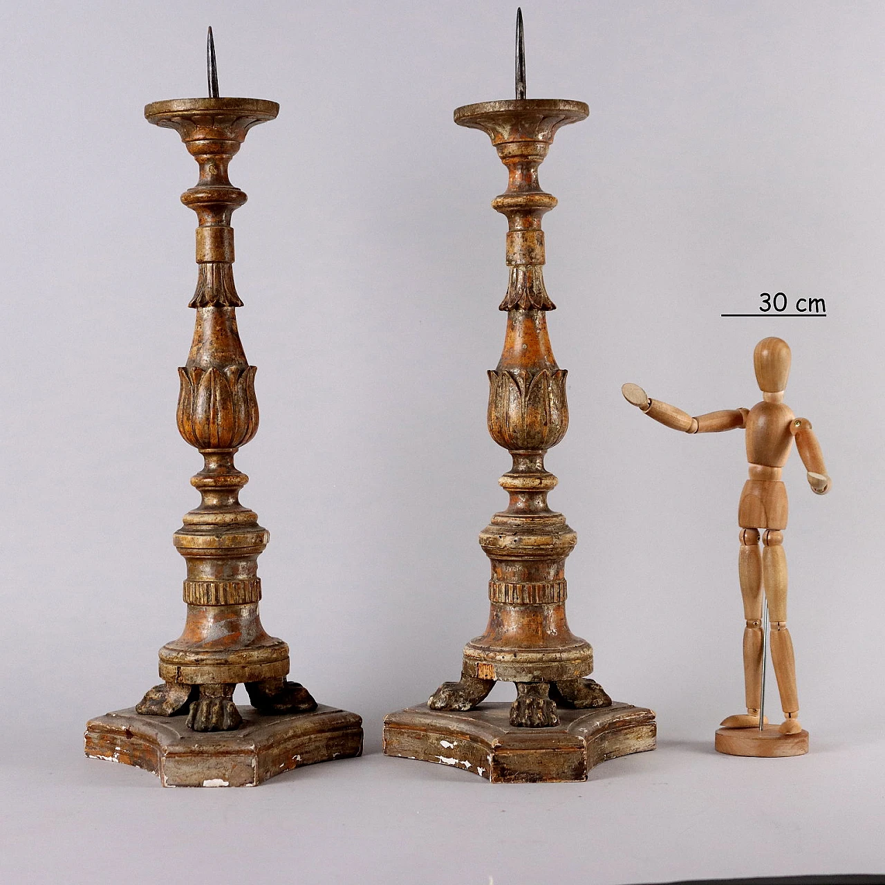 Pair of Empire carved wooden table candlesticks, early 19th century 2