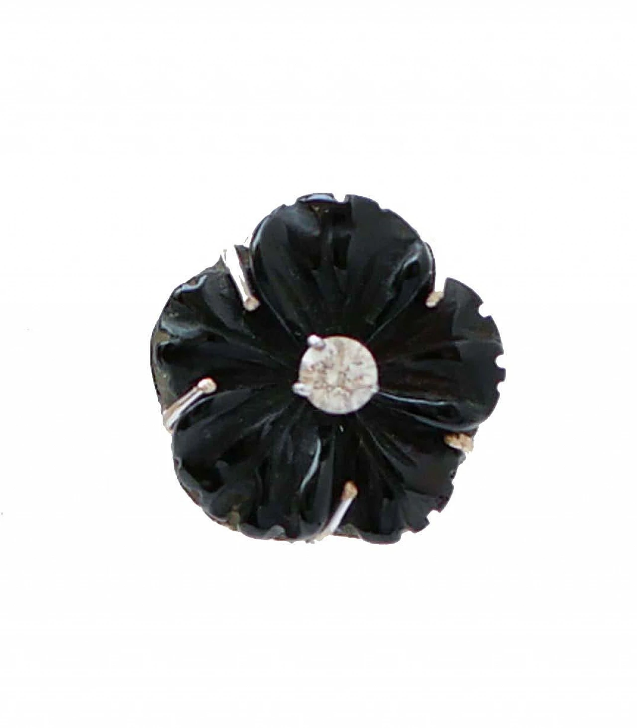 14 kt white gold flower earrings with onyx and diamonds, 1950s 2