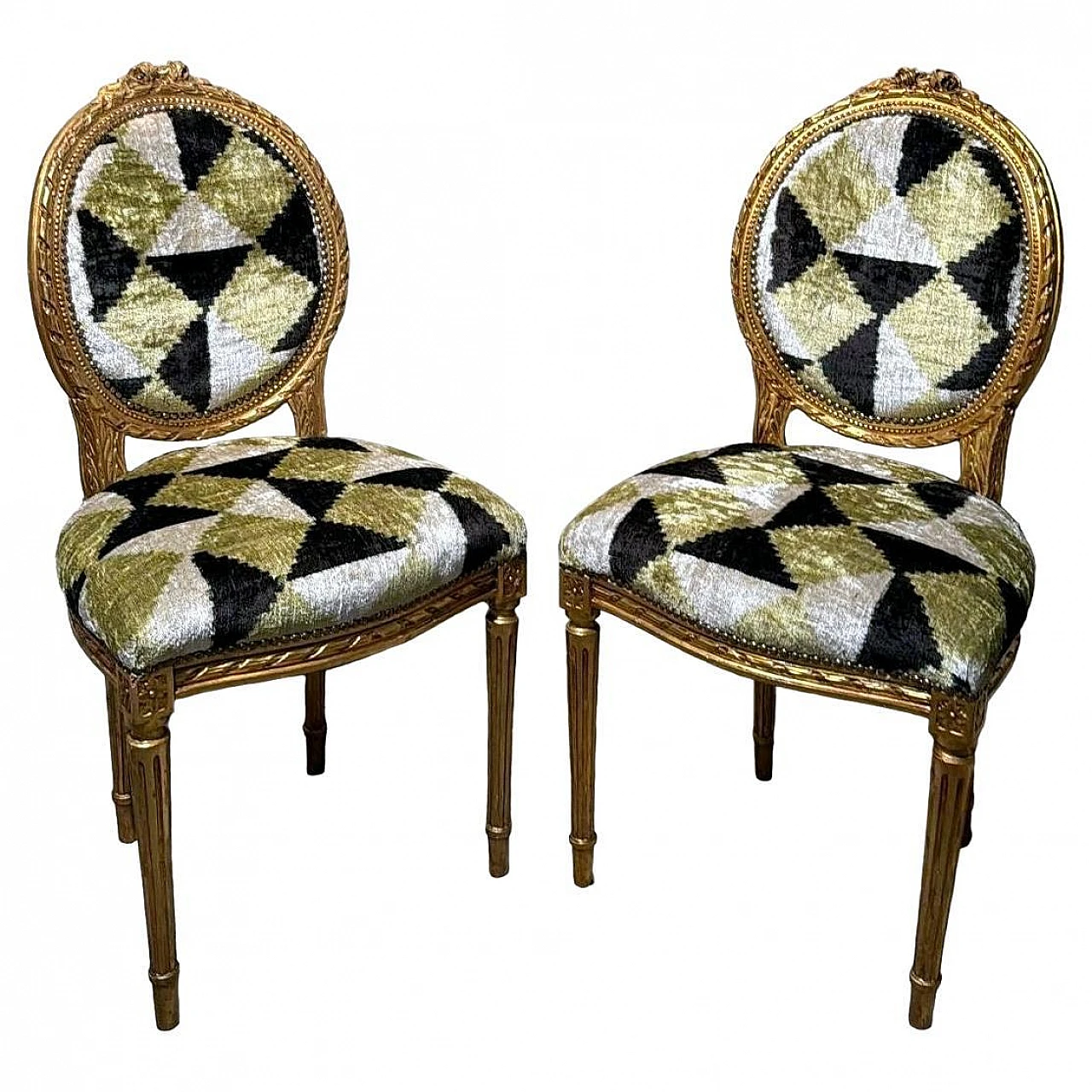 Pair of Louis XVI chairs in wood and Ikat velvet, 19th century 1