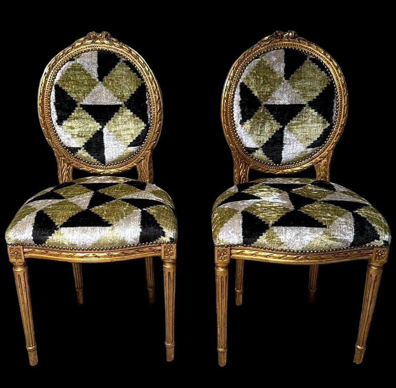 Pair of Louis XVI chairs in wood and Ikat velvet, 19th century 2