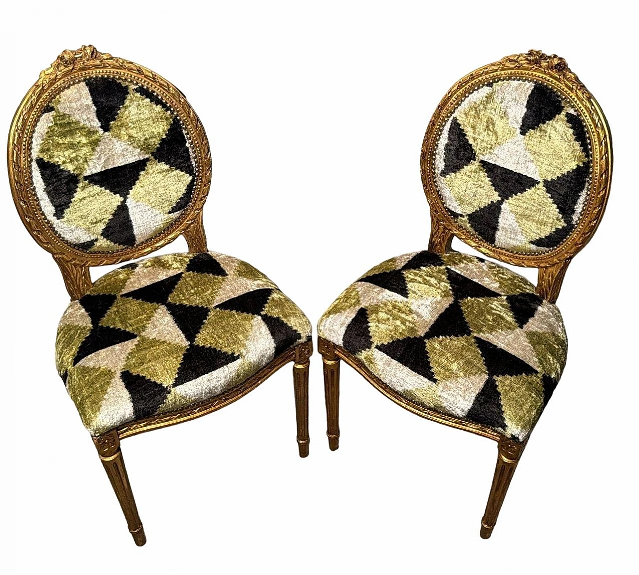 Pair of Louis XVI chairs in wood and Ikat velvet, 19th century 3