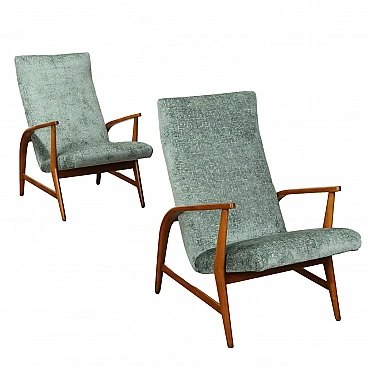 Pair of stained beech and velvet armchairs, 1950s