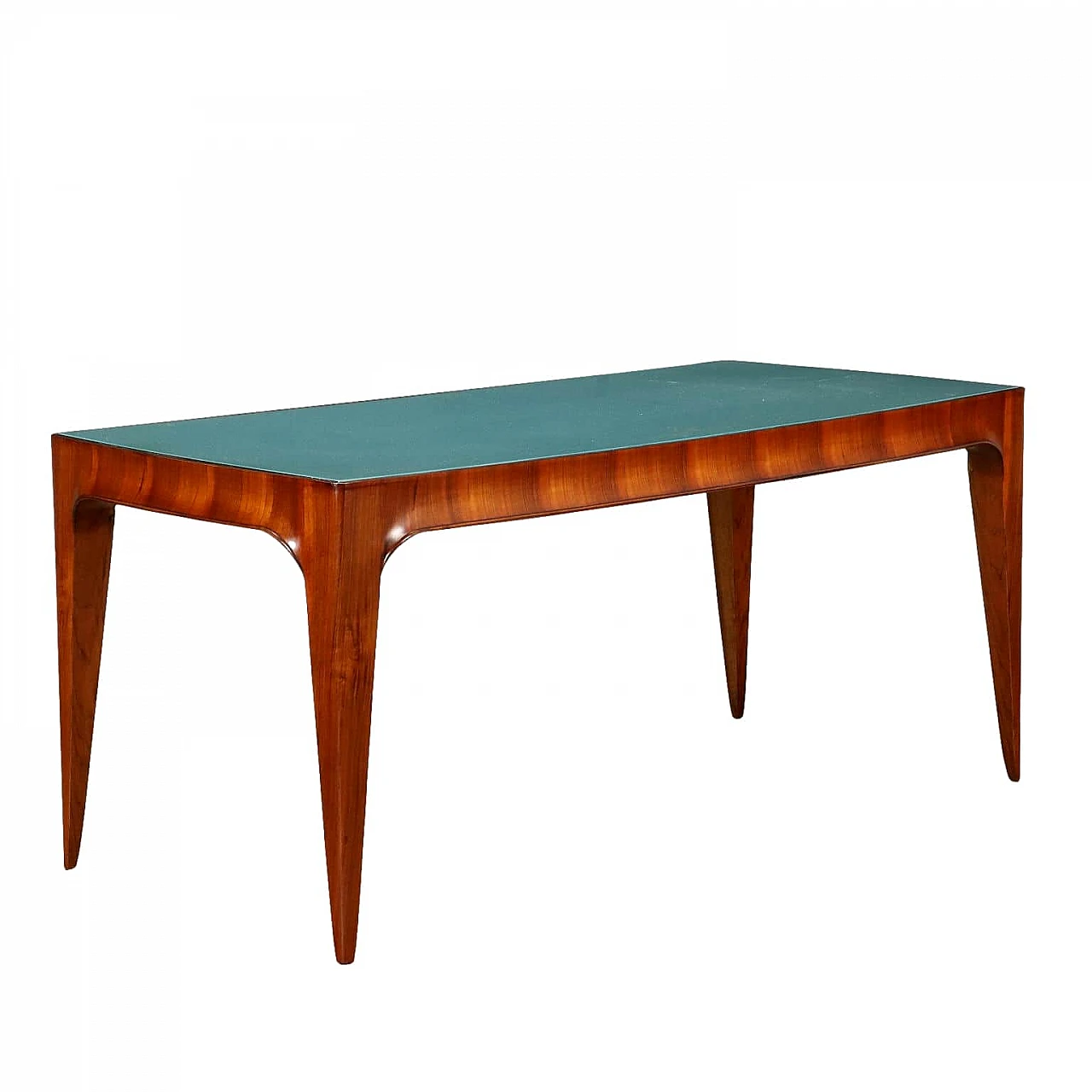 Walnut veneer dining table with retro-treated glass top, 1950s 1