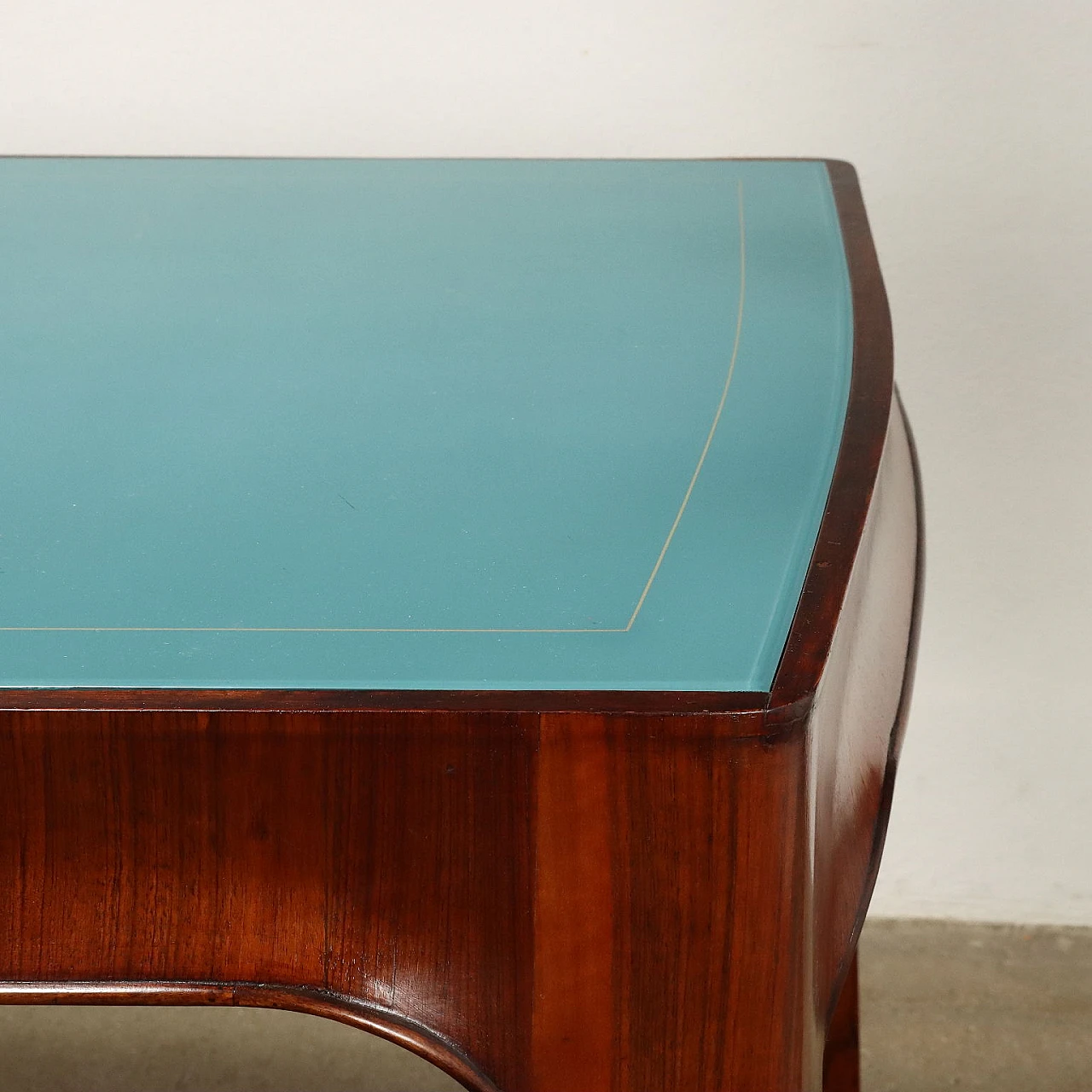 Walnut veneer dining table with retro-treated glass top, 1950s 6