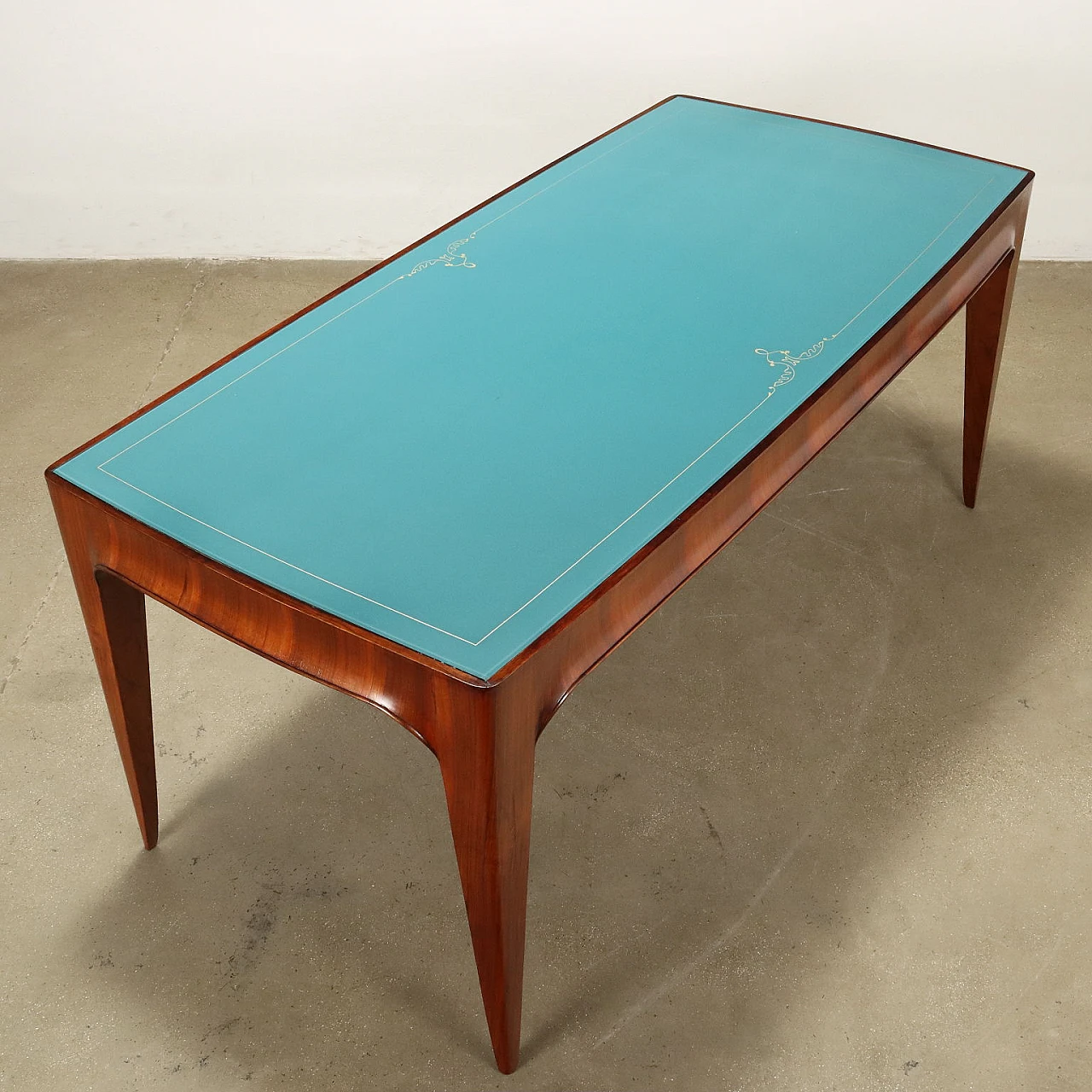 Walnut veneer dining table with retro-treated glass top, 1950s 9