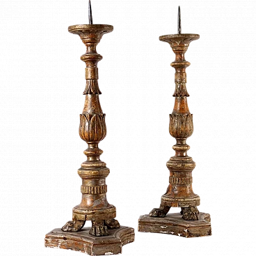 Pair of Empire carved wooden table candlesticks, early 19th century