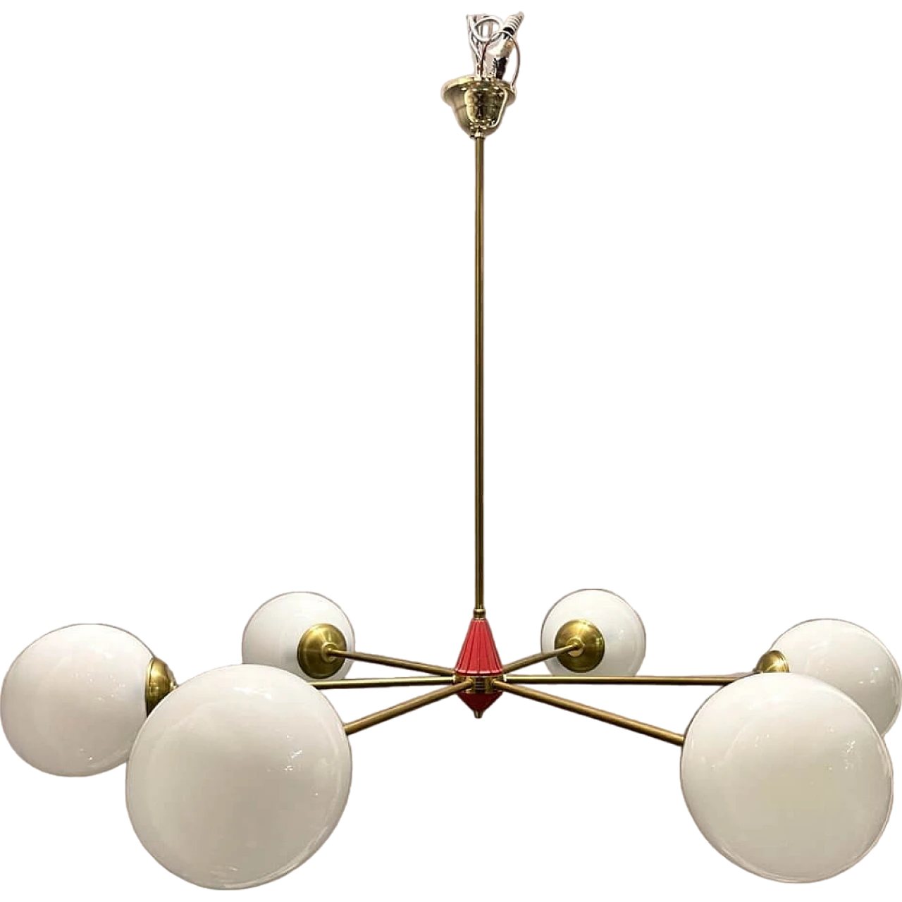 Sputnik brass and opaline glass chandelier, 1970s 10