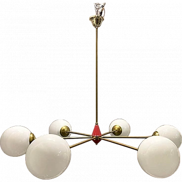 Sputnik brass and opaline glass chandelier, 1970s