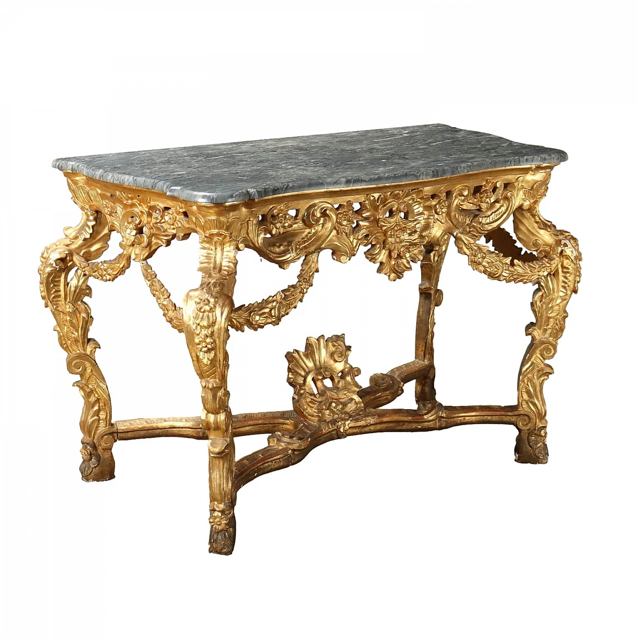 Eclectic gilded linden console table with marble top, 19th century 1