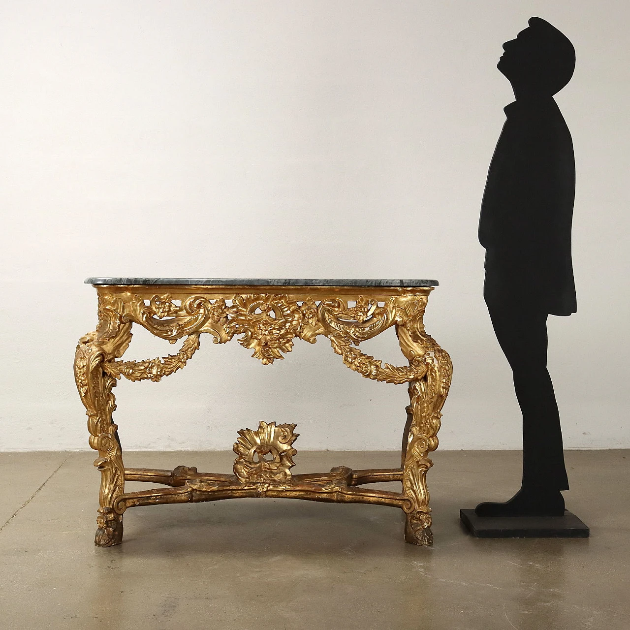 Eclectic gilded linden console table with marble top, 19th century 2