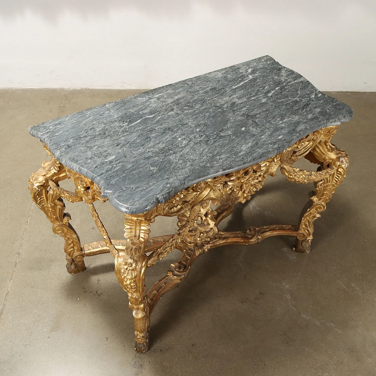 Eclectic gilded linden console table with marble top, 19th century 3