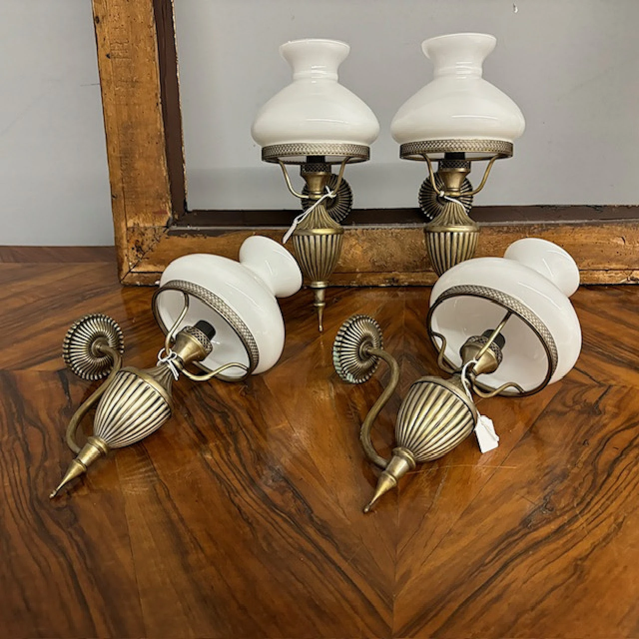 Set of 4 revival opaline glass and brass wall lights, 1960s 1