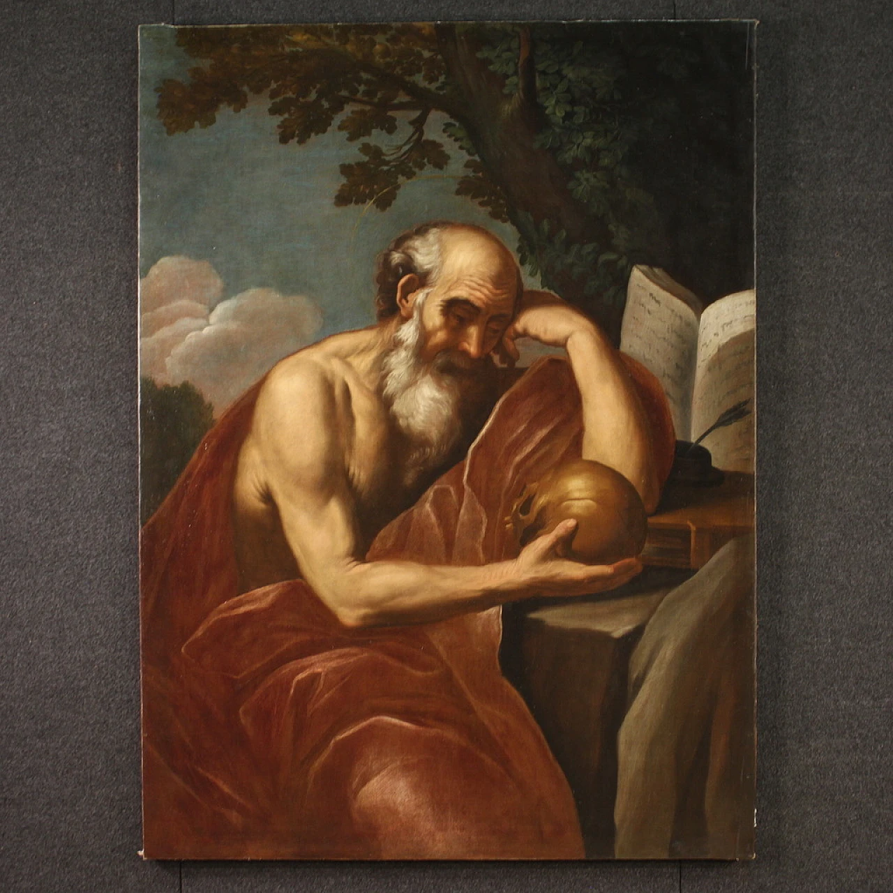 Saint Jerome in meditation, large Italian painting, 17th century 1