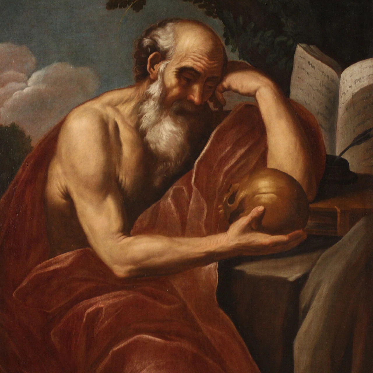 Saint Jerome in meditation, large Italian painting, 17th century 2