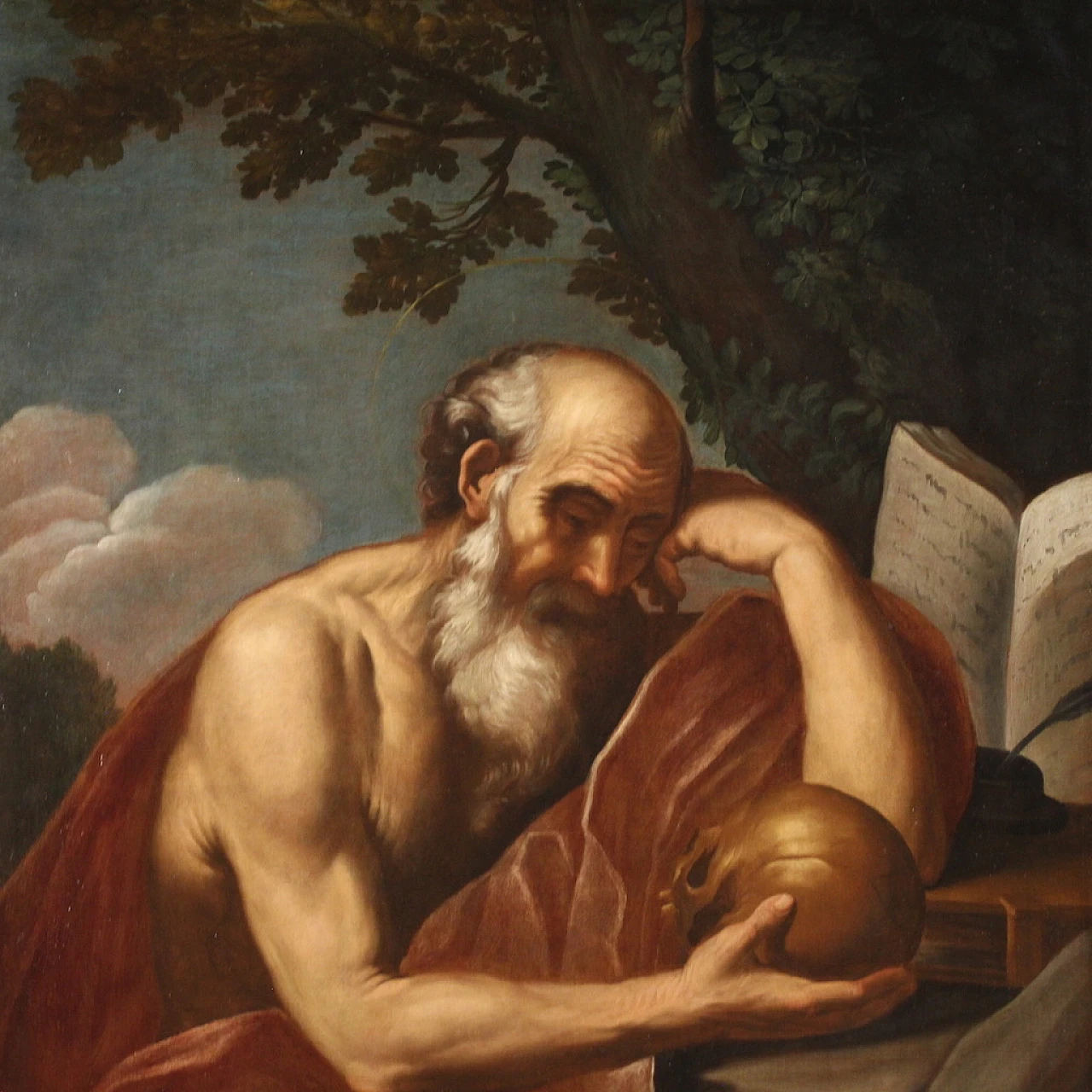 Saint Jerome in meditation, large Italian painting, 17th century 4