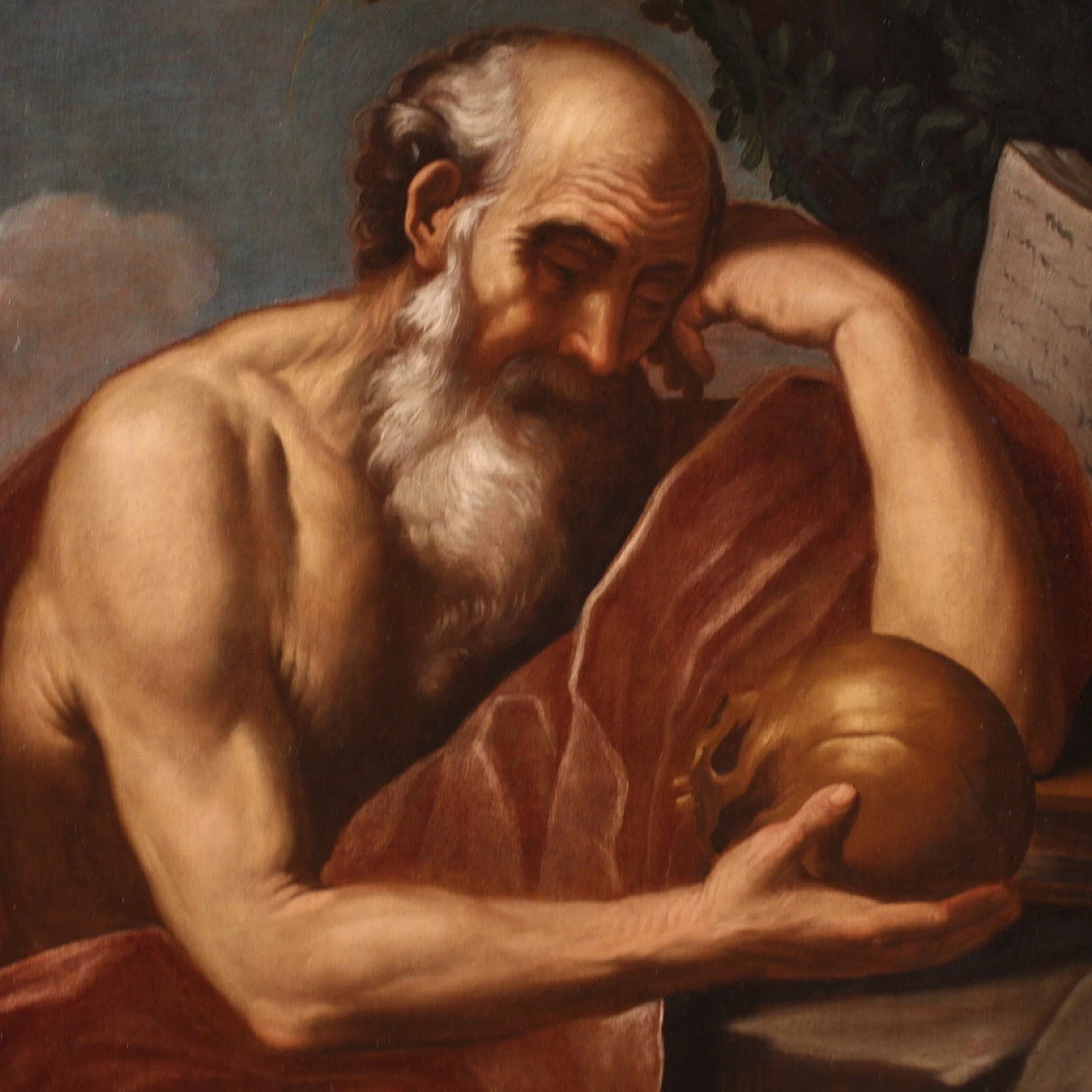 Saint Jerome in meditation, large Italian painting, 17th century 5