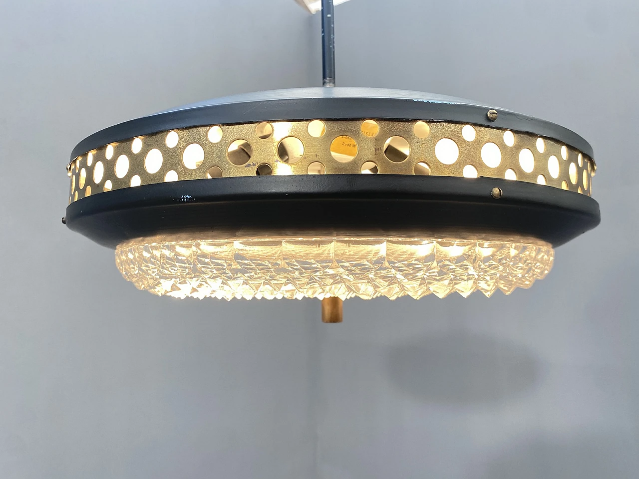 Space age metal and brass pendant lamp by LUDIB Bratislava, 1970s 11