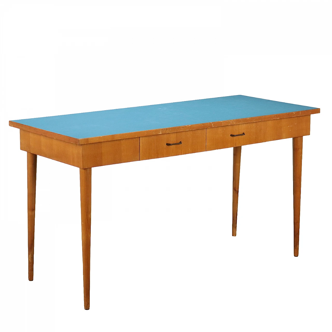 Tavolo rettangolare con piano formica blu e due cassetti, anni '60 1