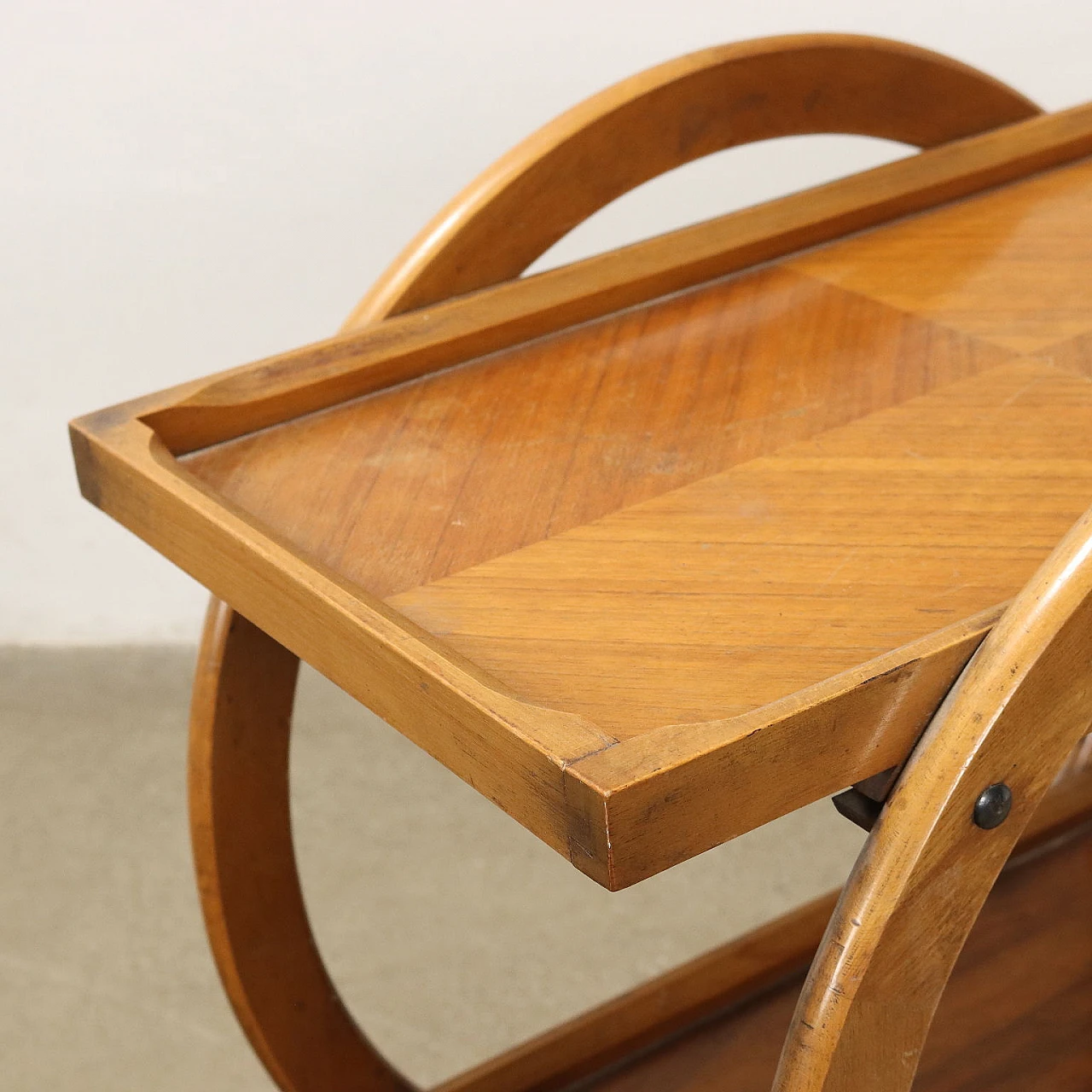 Double-top bar cart made of stained beech and walnut veneer, 1950s 3