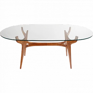 Oval table in solid oak with glass top, 1960s