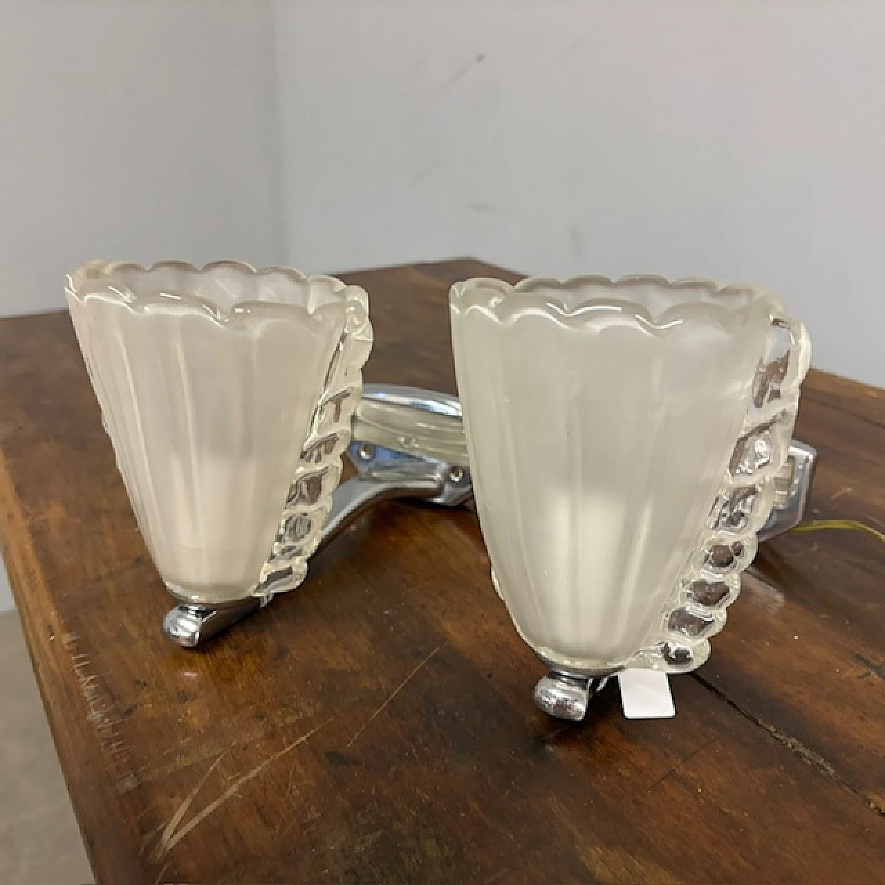 Pair of Vintage Murano glass wall lights with chromed metal, 1980s 10