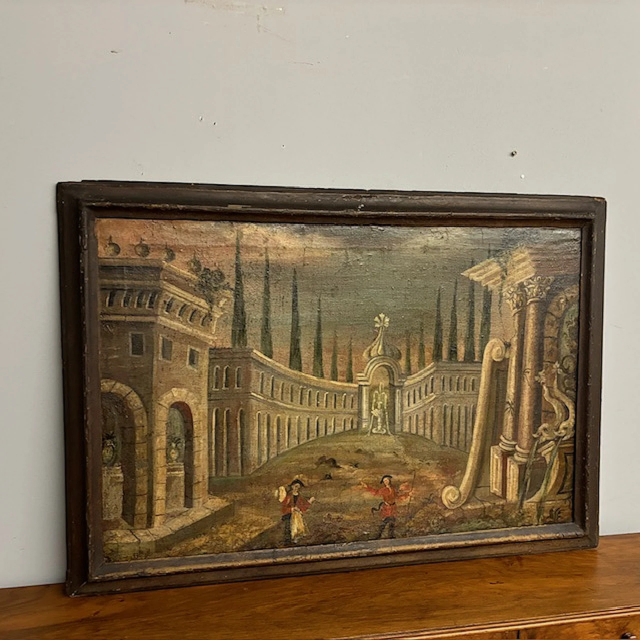 Architectural Capriccio, antique oil painting on canvas, 17th century 1