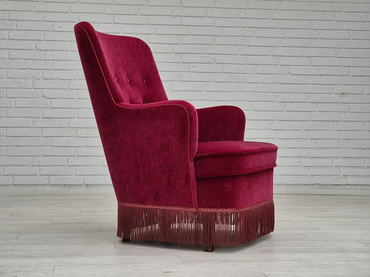 Red velvet danish armchair with fringe, 70s 1