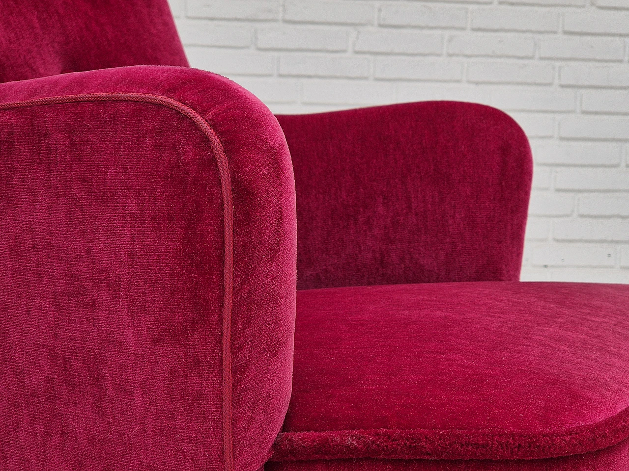 Red velvet danish armchair with fringe, 70s 3