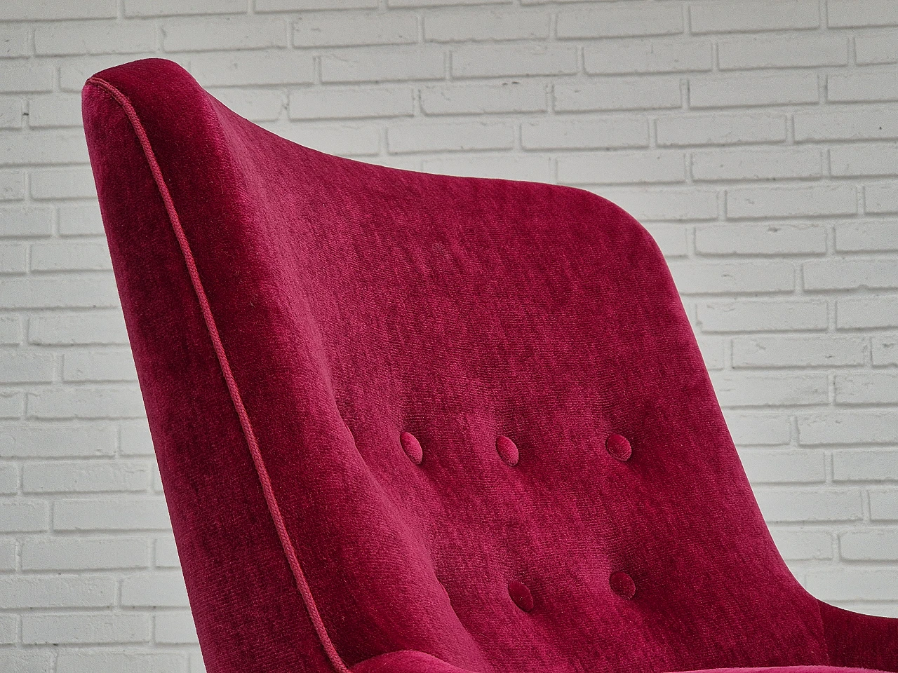 Red velvet danish armchair with fringe, 70s 4