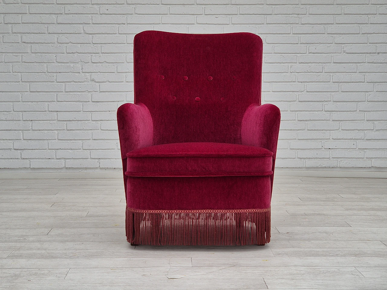 Red velvet danish armchair with fringe, 70s 5